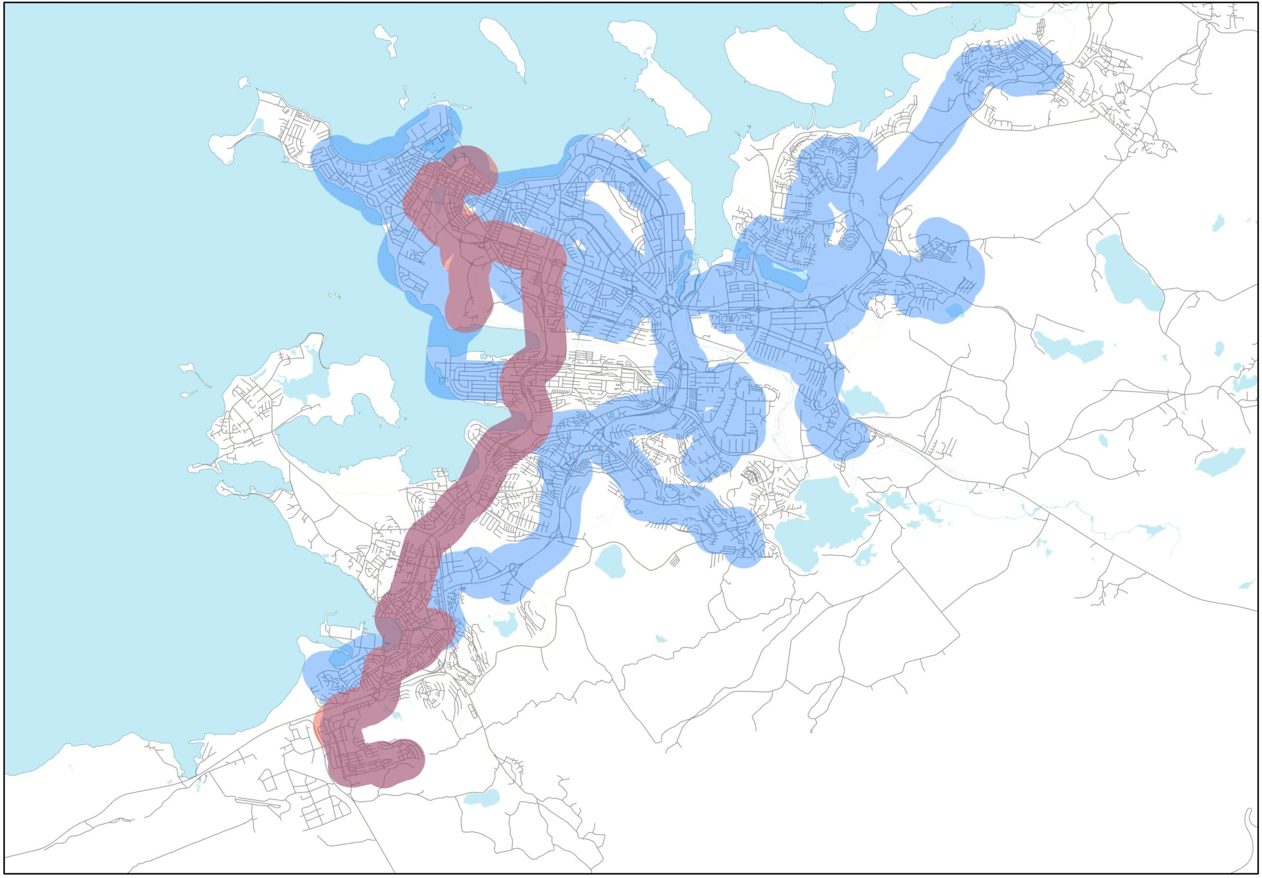 Samanburður á svæðum sem eru innan 400 m radíus við stoppistöð leiðar sem er á a.m.k. 10 mín tíðni á annatíma m.v. núverandi (rautt) og Nýtt leiðanet (blátt).